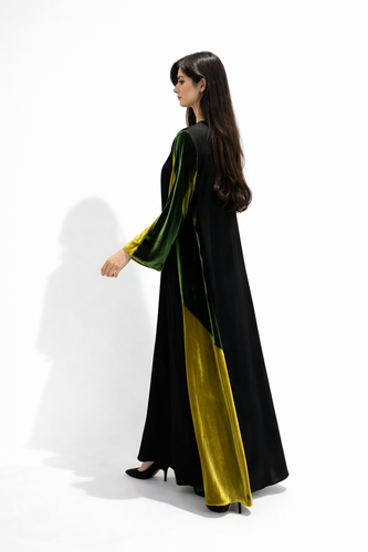 Crepe dress + greenXgold velvet and crystals neckline 