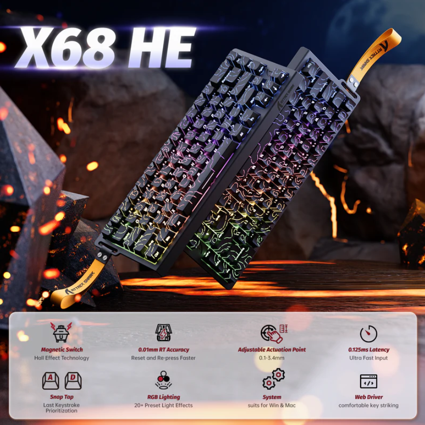 ATTACK SHARK X68 HE كيبورد مغناطيسي Rapid Trigger بدقة 0.01mm و 8000Hz