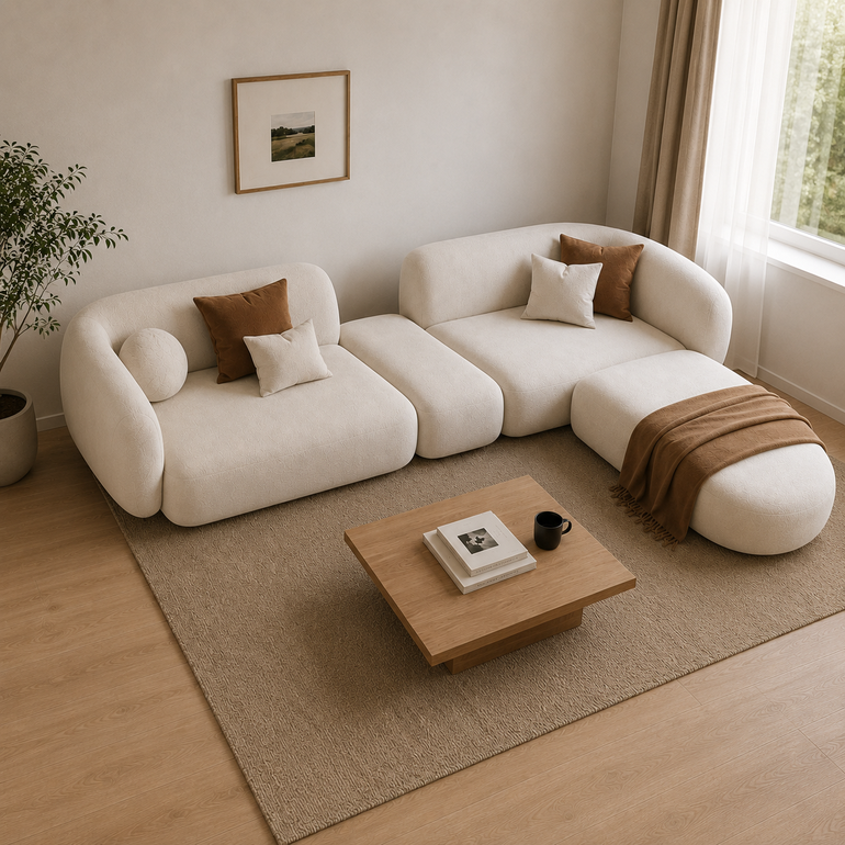 كنب حرف L مودرن بوكليه أبيض بوحدات وأطراف دائرية 320×180×75 (منتج تفصيل)