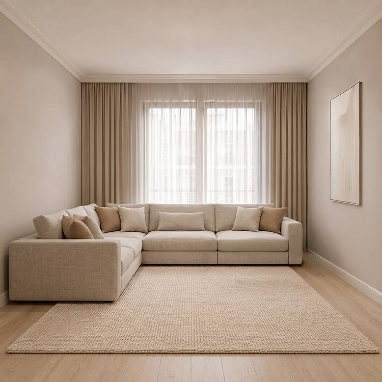 كنب زاوية مودرن بتصميم مربّع، جلسة عميقة وثيرة بلون بيج هادئ للصالات الواسعة 300×240×80 (منتج تفصيل)