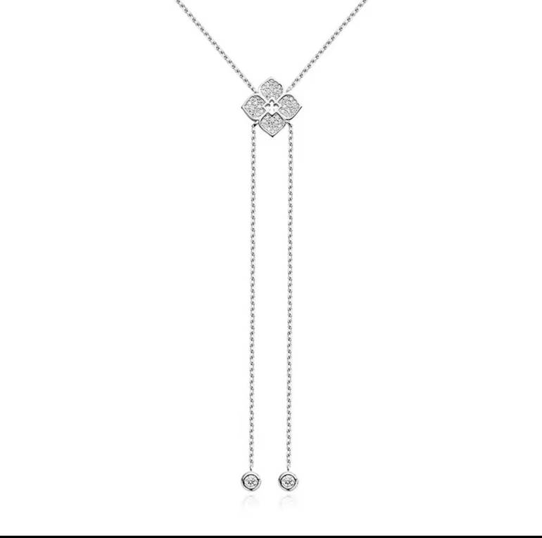 عقد زهرة مويسانيت Y-Necklace | فضة 925 مطلية ذهب أبيض 18K | سلسلة طويلة