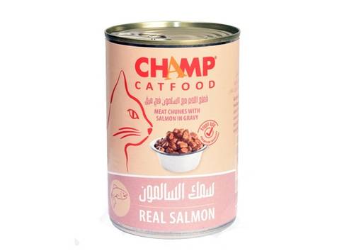 تشامب طعام رطب للقطط قطع لحم مع السلمون فالمرق- 415جرام