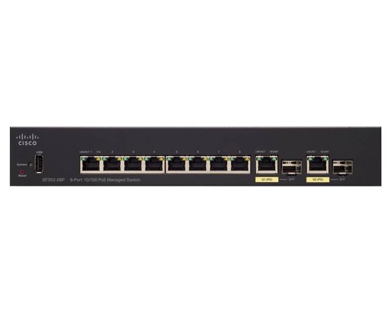 Cisco Managed Switch SF352-08P 8-Port 10/100 PoE PoE + 62W-2 Combo Mini GBIC-SF352-08P-K9-UK