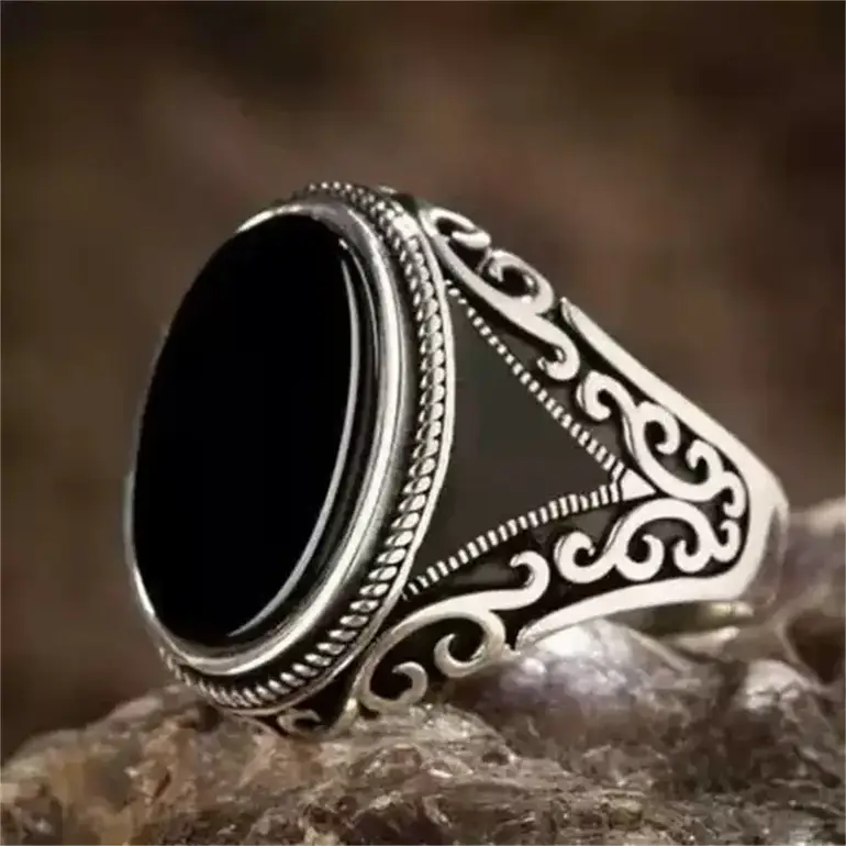 خاتم رجالي مصنوع يدويًا من حجر الزركون الأسود التركي ، خاتم بنمط اللون الفضي القديم ، مجوهرات إسلامية إسلامية إسلامية عصرية