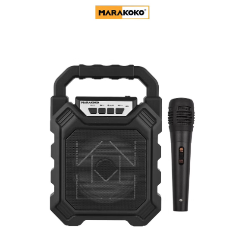 Marakoko portable wireless Bluetooth karaoke speaker with wired microphone, AUX input, and external memory card slot. Black.