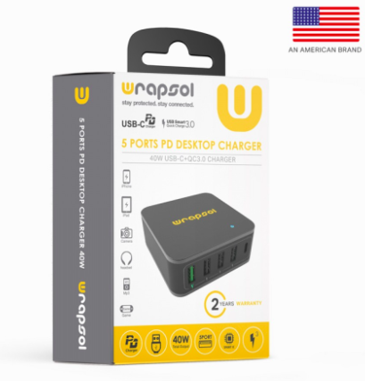 شاحن مكتبي من رابسول مع 5 منافذ يدعم تقنيات الشحن السريع PD+QC+Smart Charger