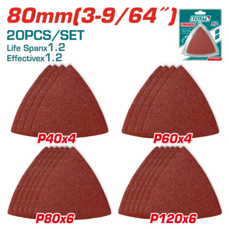 ورق صنفرة مثلث 80mm delta 20PCS/SET P40X4/P60X4/P80X6/P120X6   TAC78080201 توتال 