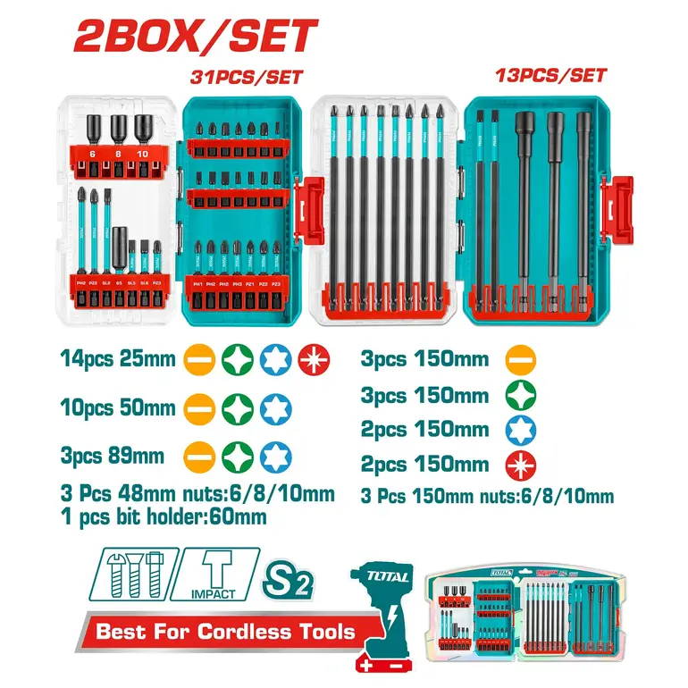 طقم حبة راس دريل  مع رؤوس مفكات  2BOX/SET    TACSDL24408 توتال 
