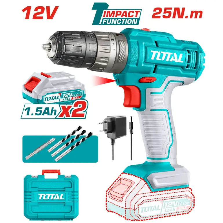 دريل بطارية رجاج 12V 25N.m شنطة بلاستيك مع بطارية إضافية وشاحن   TIDLI1228 توتال 