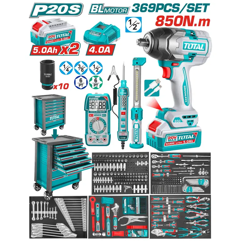دولاب عدة كامل 1/2"&amp;1/4" 369PCS/SET مع دريل كفرات 850Nm   THPTCS83692 توتال 