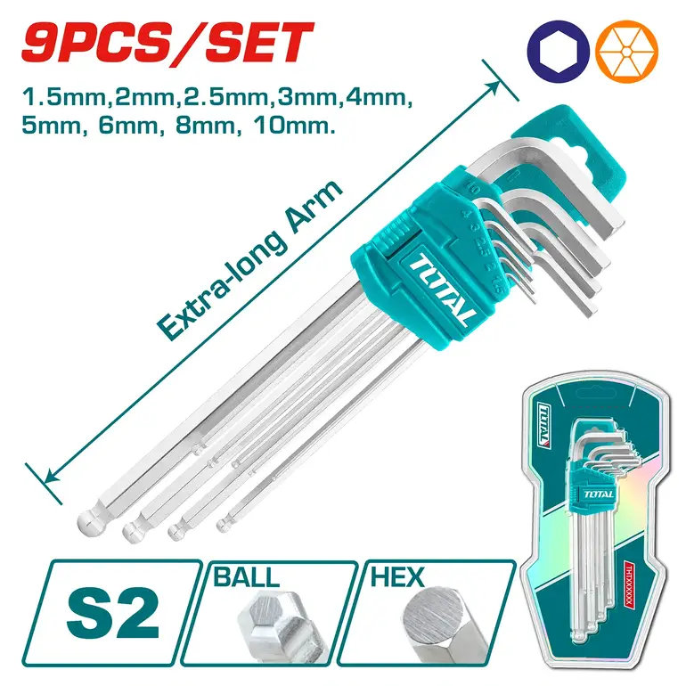 طقم مفاتيح النكي  9PCS/SET مسدس راس دائري طويل   THT106292 توتال 