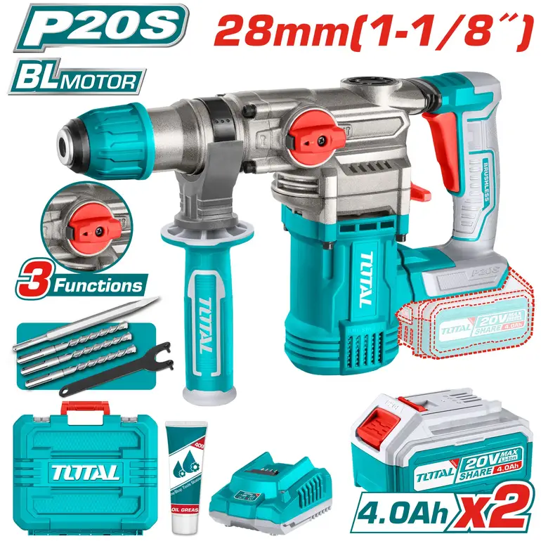 همر تكسير بطارية 20V 28mm شنطة بلاستيك مع بطارية إضافية و شاحن   TRHLI202882 توتال 