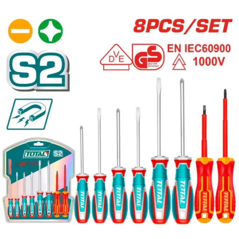 طقم مفكات براغي يد ربر نوع اول  8PCS/SET عادي / مصالب / معزول   TKSDS0836 توتال 