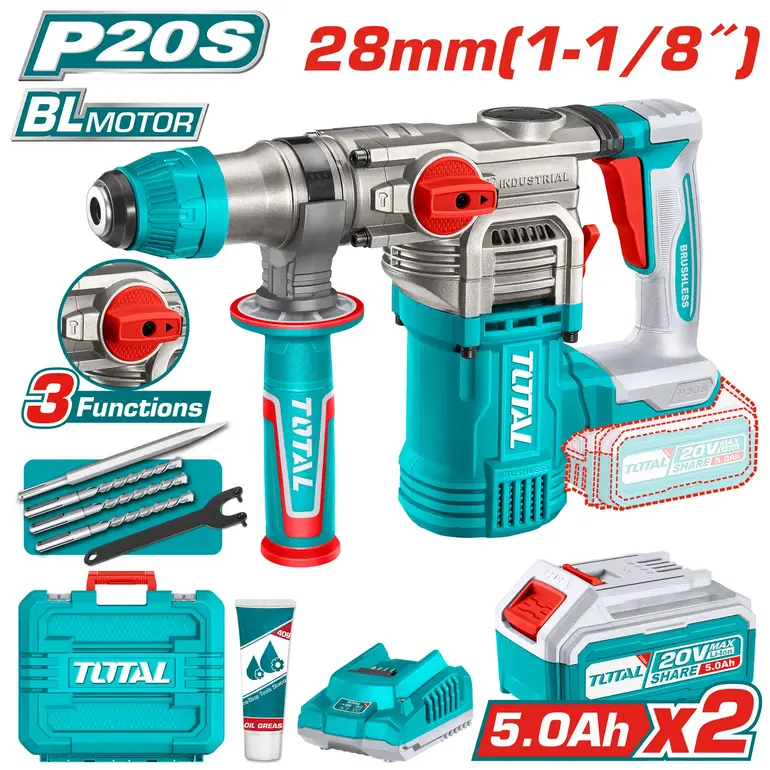 همر تكسير بطارية 20V 28mm شنطة بلاستيك مع بطارية إضافية و شاحن   TRHLI202885 توتال 