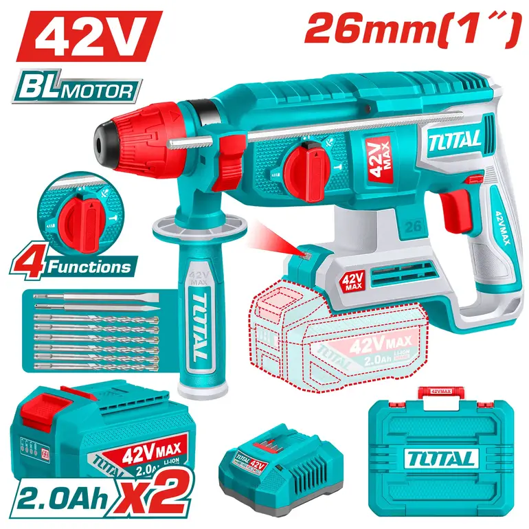 دريل هلتي بطارية 42V 26mm شنطة بلاستيك مع بطارية إضافية و شاحن   TRHLI422682 توتال 