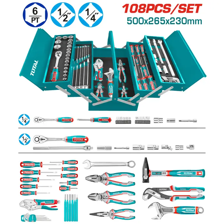 صندوق عدة معدن طبقات مع حبوب 1/2"&amp;1/4" 108PCS/SET    THTCS121081 توتال 