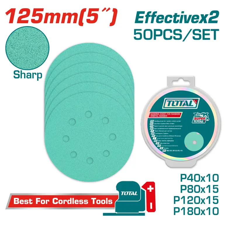 طقم ورق صنفرة 5" 50PCS/SET P40X10/P80X15/P120X15/P180X10   TAC125050 توتال 