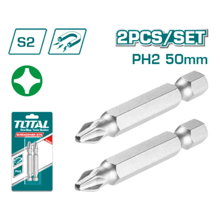 طقم لقمة راس مفك PH2 50mm 2PCS/SET كروم طويل +   TAC16PH224 توتال 