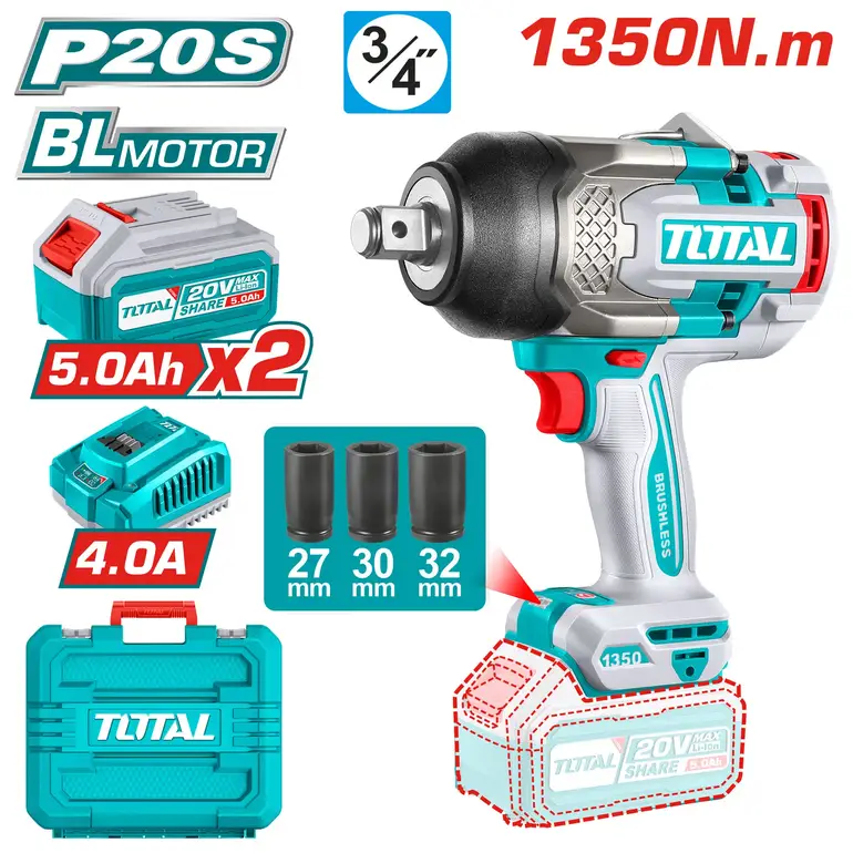دريل شد كفرات بطارية 20V 1350N.m شنطة بلاستيك مع بطارية إضافية و شاحن   TIWLI20135 توتال 
