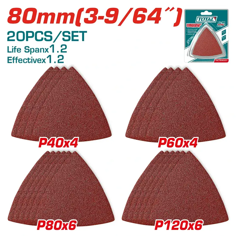 ورق صنفرة مثلث 80mm delta 20PCS/SET P40X4/P60X4/P80X6/P120X6   TAC78080201 توتال 