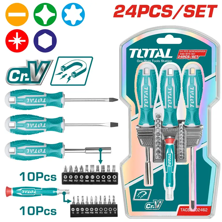 مفك براغي مع رؤوس  24PCS/SET    TACSD302462 توتال 