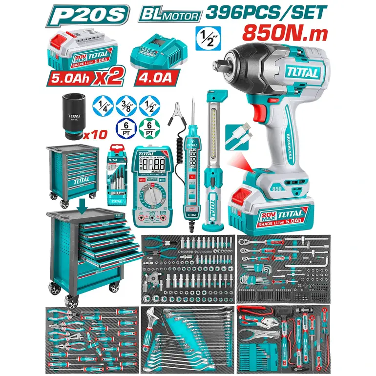 دولاب عدة كامل 1/2"&amp;1/4"&amp;3/8" 396PCS/SET مع دريل كفرات 850Nm  