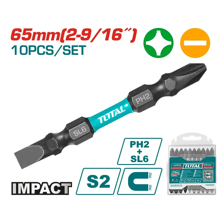 طقم لقمة راس مفك PH2+PH2  65mm 10PCS/SET اسود +-   TACIM16HL133 توتال 