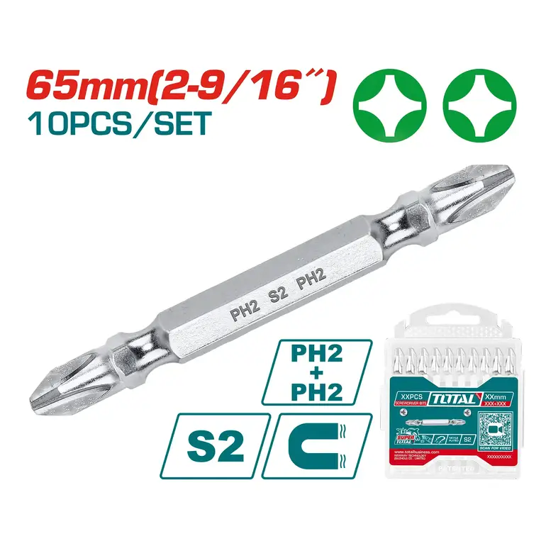 طقم لقمة راس مفك PH2 65mm 10PCS/SET كروم ++   TAC16PH233 توتال 