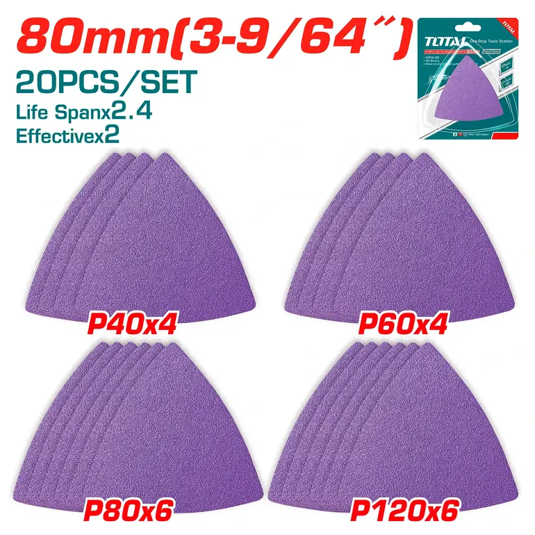 ورق صنفرة مثلث 80mm delta 20PCS/SET P40X4/P60X4/P80X6/P120X6   TAC78080202 توتال 