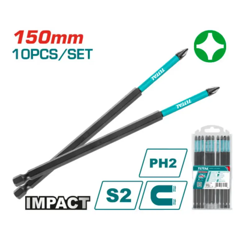 طقم لقمة راس مفك PH2  150mm 10PCS/SET اسود طويل +   TACIM16PH263 توتال 