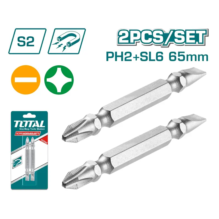 طقم لقمة راس مفك PH2 65mm 2PCS/SET كروم +-   TAC16HL234 توتال 