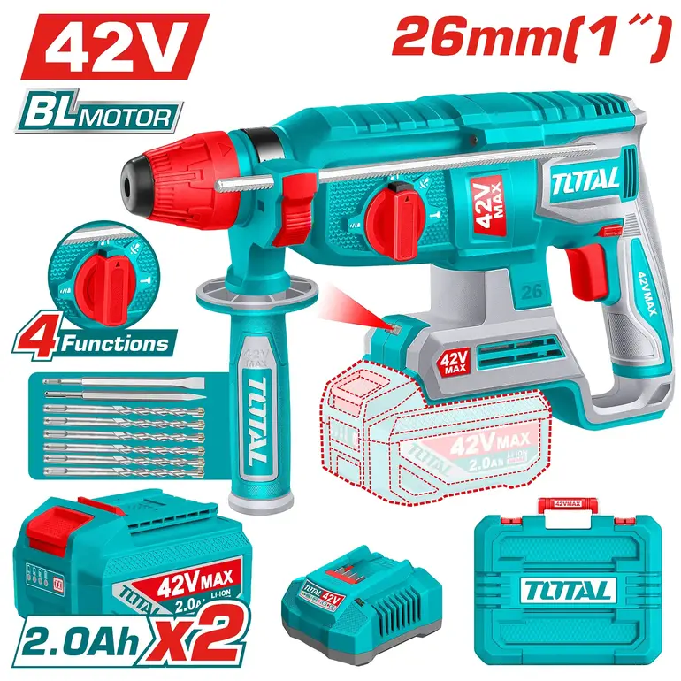 دريل هلتي بطارية 42V 26mm شنطة بلاستيك مع بطارية إضافية و شاحن   TRHLI422682 توتال 