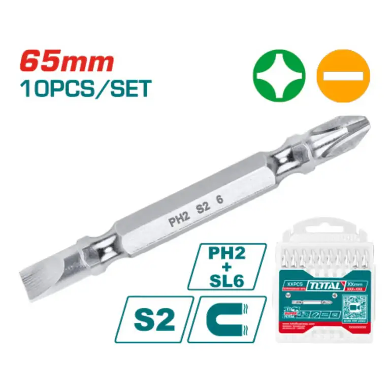 طقم لقمة راس مفك PH2 65mm 10PCS/SET كروم +-   TAC16HL133 توتال 
