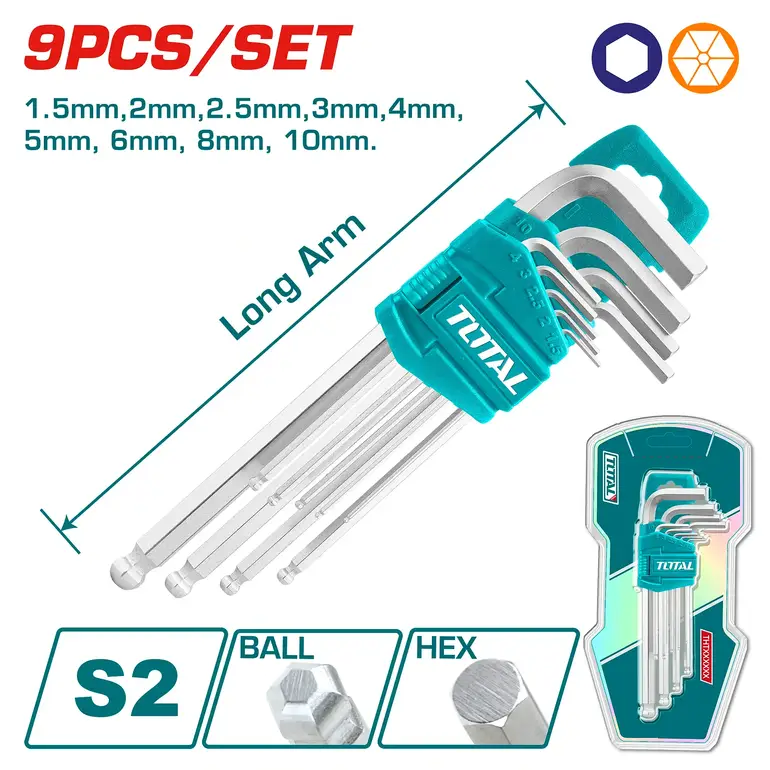 طقم مفاتيح النكي  9PCS/SET مسدس راس دائري وسط   THT106291 توتال 