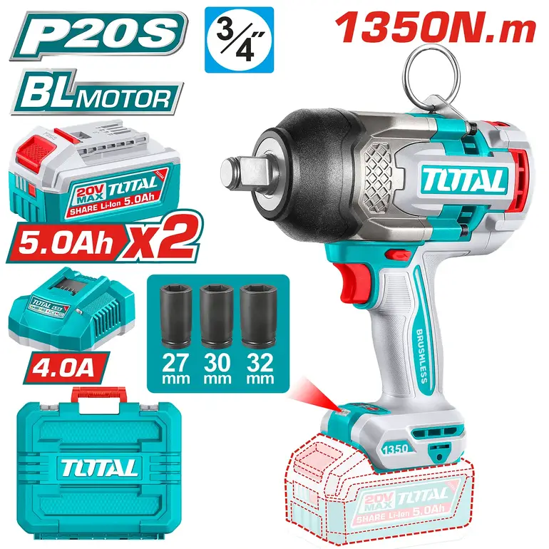 دريل شد كفرات بطارية 20V 1350N.m شنطة بلاستيك مع بطارية إضافية و شاحن   TIWLI20135 توتال 