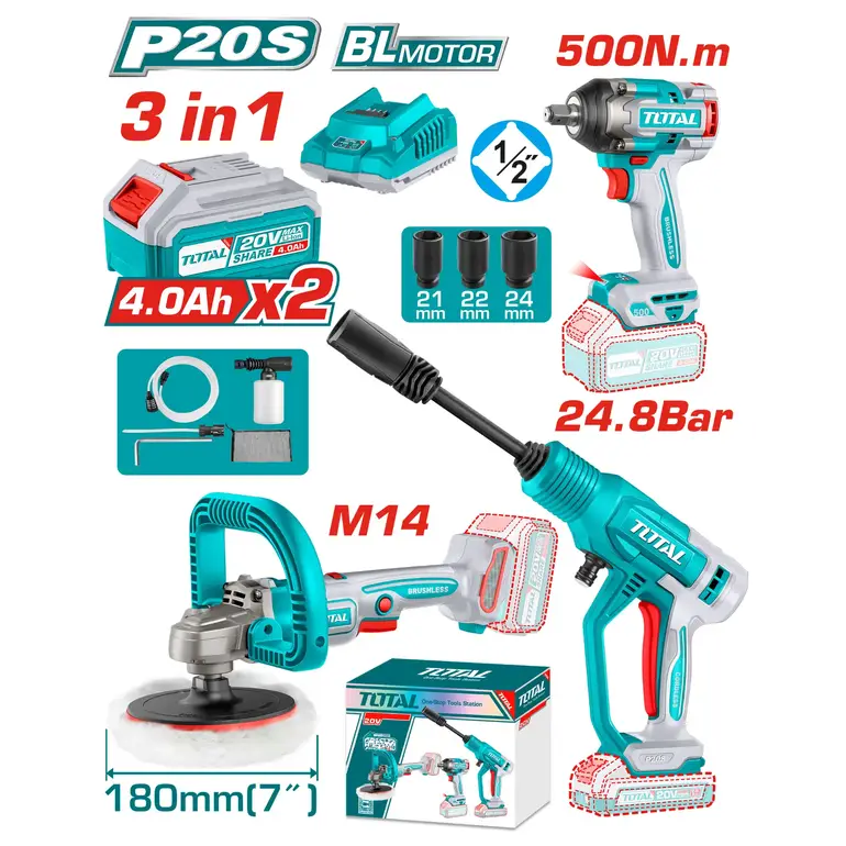 مجموعة دريل شد كفرات مع صاروخ تلميع مع مسدس غسيل  20V 3-IN-1    TOSLI250184 توتال 