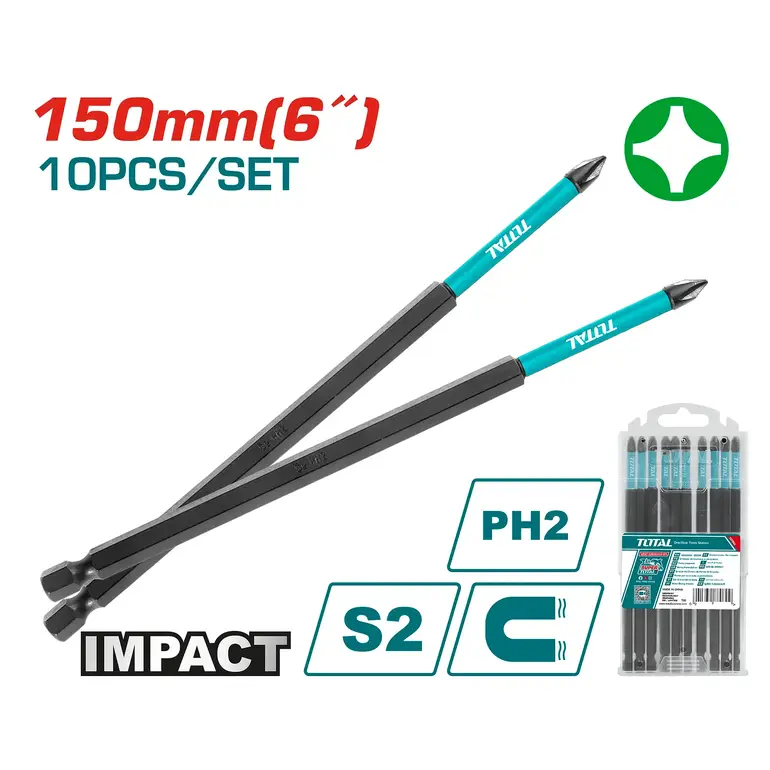 طقم لقمة راس مفك PH2  150mm 10PCS/SET اسود طويل +   TACIM16PH263 توتال 