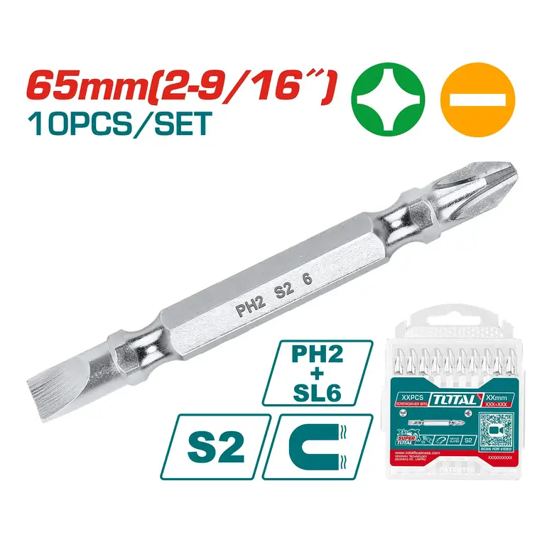 طقم لقمة راس مفك PH2 65mm 10PCS/SET كروم +-   TAC16HL133 توتال 