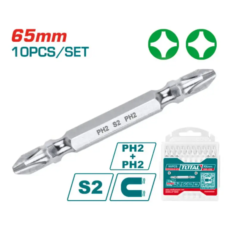 طقم لقمة راس مفك PH2 65mm 10PCS/SET كروم ++   TAC16PH233 توتال 