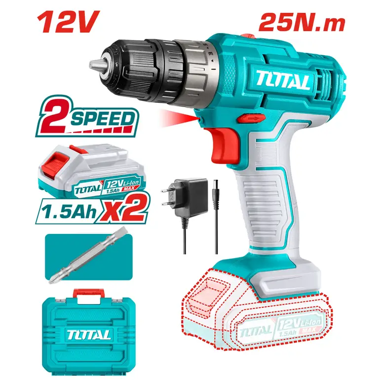 دريل بطارية 12V 25N.m شنطة بلاستيك مع بطارية إضافية وشاحن   TDLI1228 توتال 