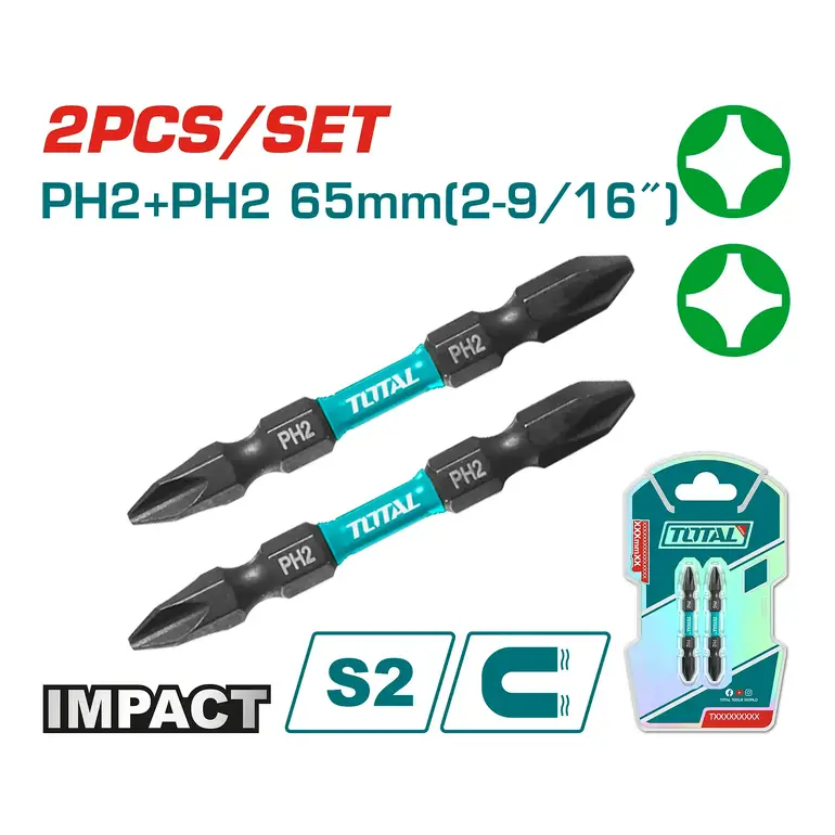 طقم لقمة راس مفك PH2+PH2  65mm 2PCS/SET اسود ++   TACIM72PH265 توتال 