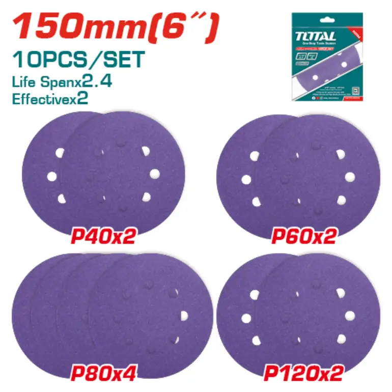 طقم ورق صنفرة 6" 10PCS/SET P40X2/P60X2/P80X4/P120X2   TAC73150103 توتال 