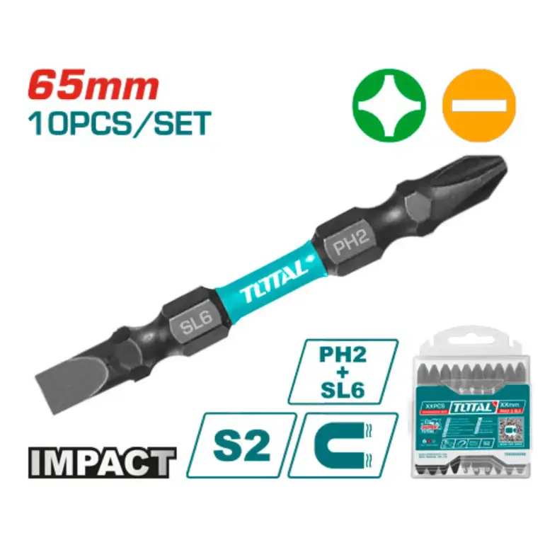 طقم لقمة راس مفك PH2+PH2  65mm 10PCS/SET اسود +-   TACIM16HL133 توتال 