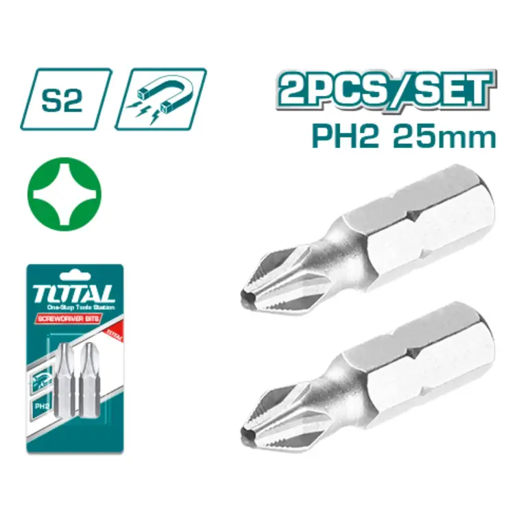 طقم لقمة راس مفك PH2 50mm 2PCS/SET كروم قصير +   TAC16PH214 توتال 