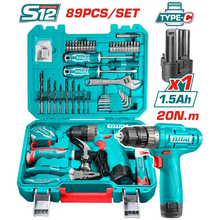طقم دريل بطارية مع عدة 12V 89 PCS/SET    THKTHP10892 توتال 