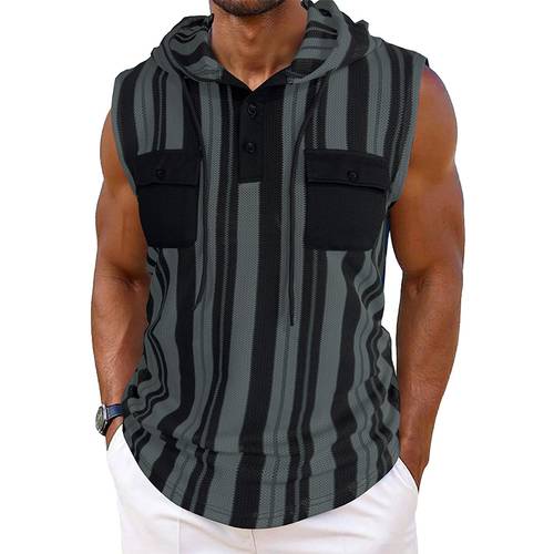 Men's striped sleeveless vest with pockets and hood