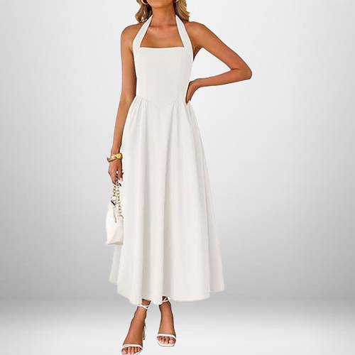A wide-skirted dress with a V-neck.