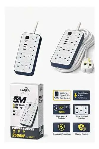 مقبس كهربائي متعدد المنافذ 5 أمتار مع شحن USB وPD من LABRA - حماية ضد الكهرباء الساكنة، 2500 واط