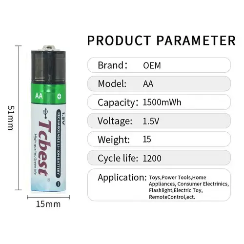 مجموعة 4 بطاريات قابلة لإعادة الشحن AA من Tcbest مع منفذ USB - بطاريات ليثيوم أيون عالية الأداء 1500mWh