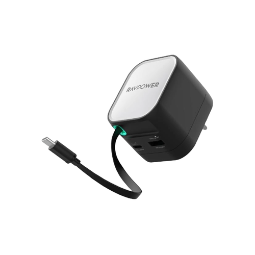 RAVPower 65W Foldable Wall Charger with Built-in USB-C Cable, USB-C Port & USB-A Port – Black